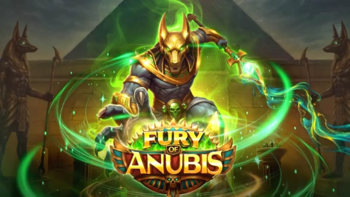 Cena de jogo do slot Fury of Anubis com símbolos egípcios e atmosfera sombria